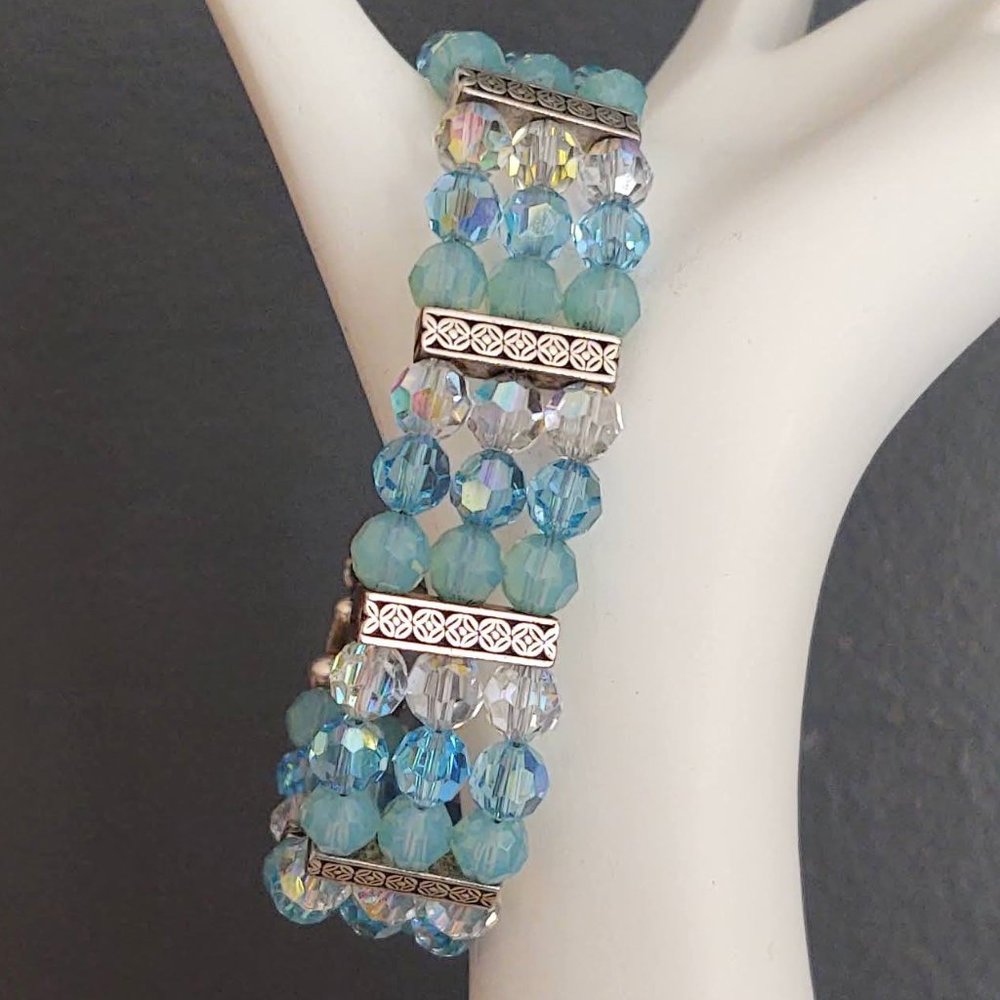 Silver bracelet with blue and clear crystal beads
